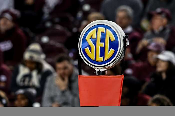 Nov 11, 2023; College Station, Texas, USA; A detailed view of the SEC logo on a chain marker during the game between the Texas A&M Aggies and the Mississippi State Bulldogs at Kyle Field. Mandatory Credit: Maria Lysaker-USA TODAY Sports